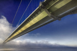 Photograph of the Humber Bridge in cloud and fog