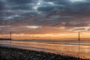 Landscape photograph of the Humber Bridge at sunrise from North Ferriby